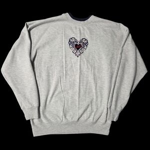 Embroidered Heart Love Sweatshirt Grannycore Pullover Double Crewneck XL Gray
